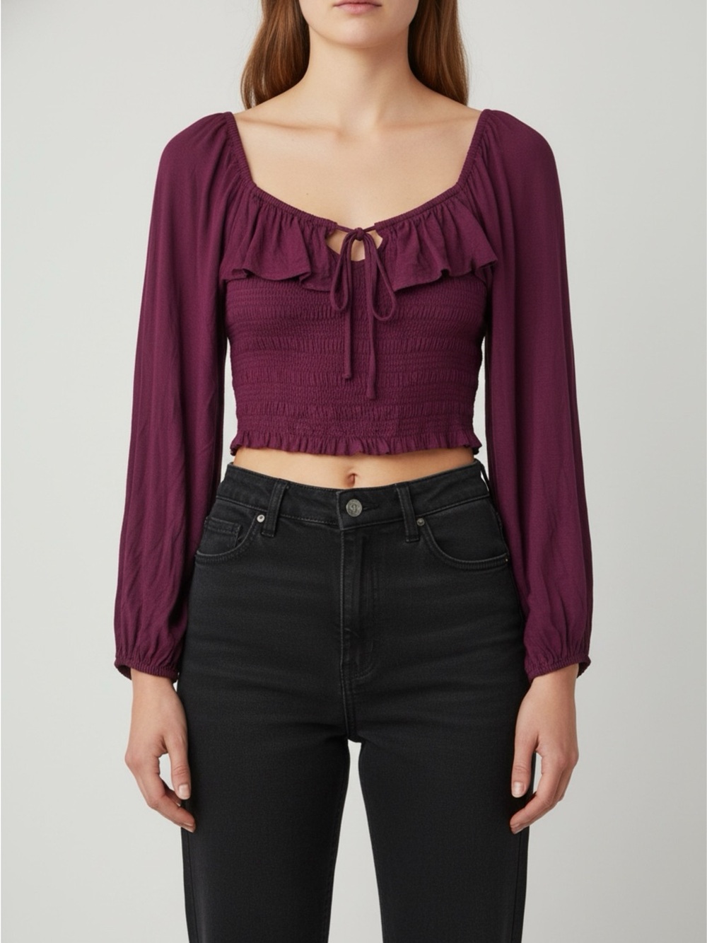 Smocked Ruffle Tie-Front Long Sleeve Crop Top - Plum